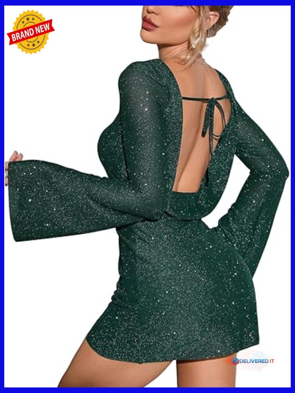 Long Sleeve Sequin Mini Dress Backless Tie Glitter Bodycon Party